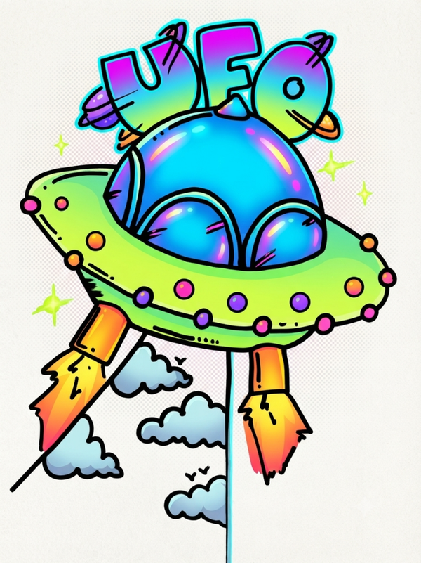 "Neon Cosmos" - Retro 90s Hand-Illustrated UFO Art Print (A4 Digital Download)