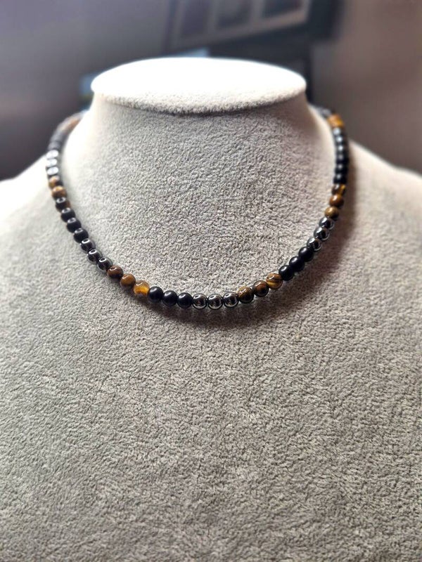 Ketting tijgeroog, obsidiaan en hematiet 42 cm
