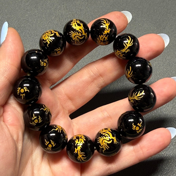 Zwarte agaat gouden draak armband 16 mm