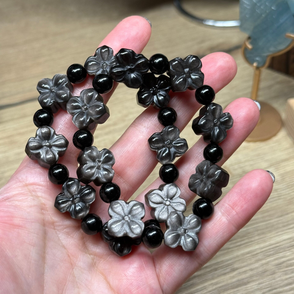 Zilver obsidiaan armband bloem