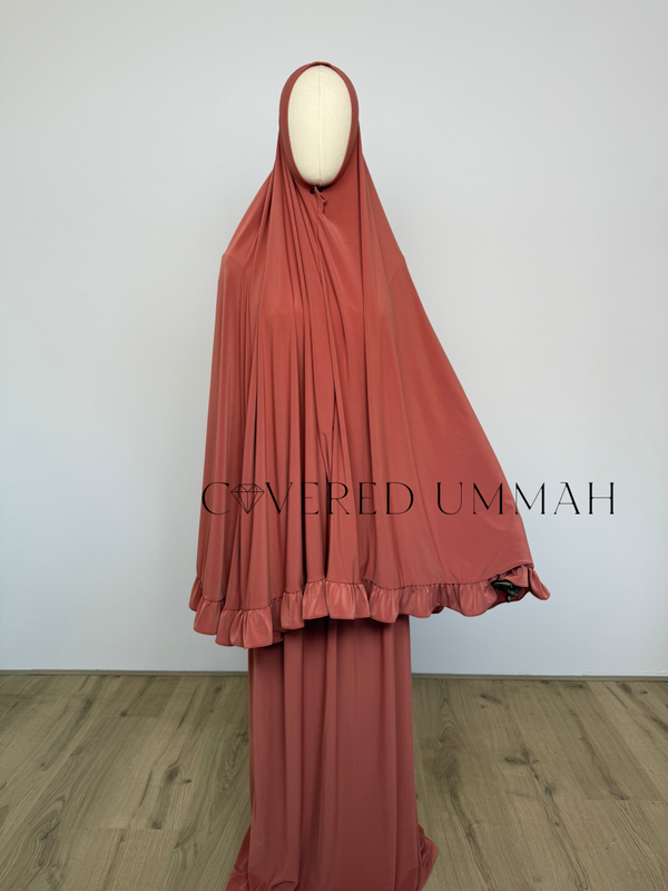 Premium Jersey Ruffle Khimaar & Rok Set 'Peach'