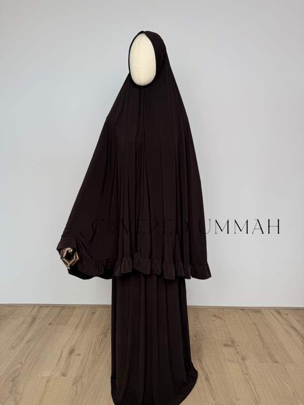 Premium Jersey Ruffle Khimaar & Rok Set ‘Dark Brown’