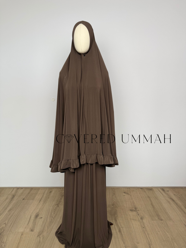 Premium Jersey Ruffle Khimaar & Rok Set ‘Brown’