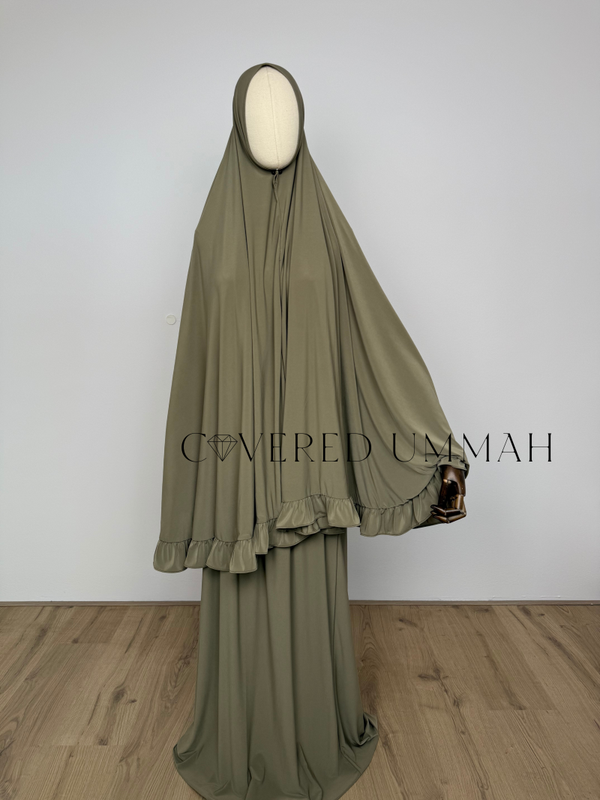 Premium Jersey Ruffle Khimaar & Rok Set ‘Moss’
