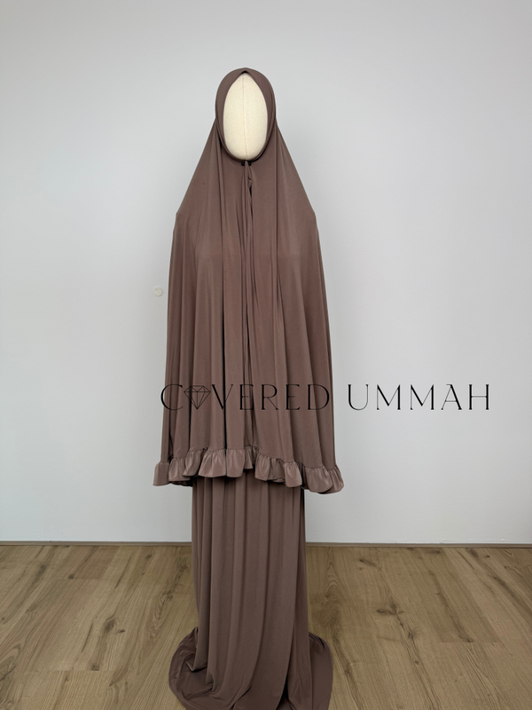 Premium Jersey Ruffle Khimaar & Rok Set 'Ash Brown'