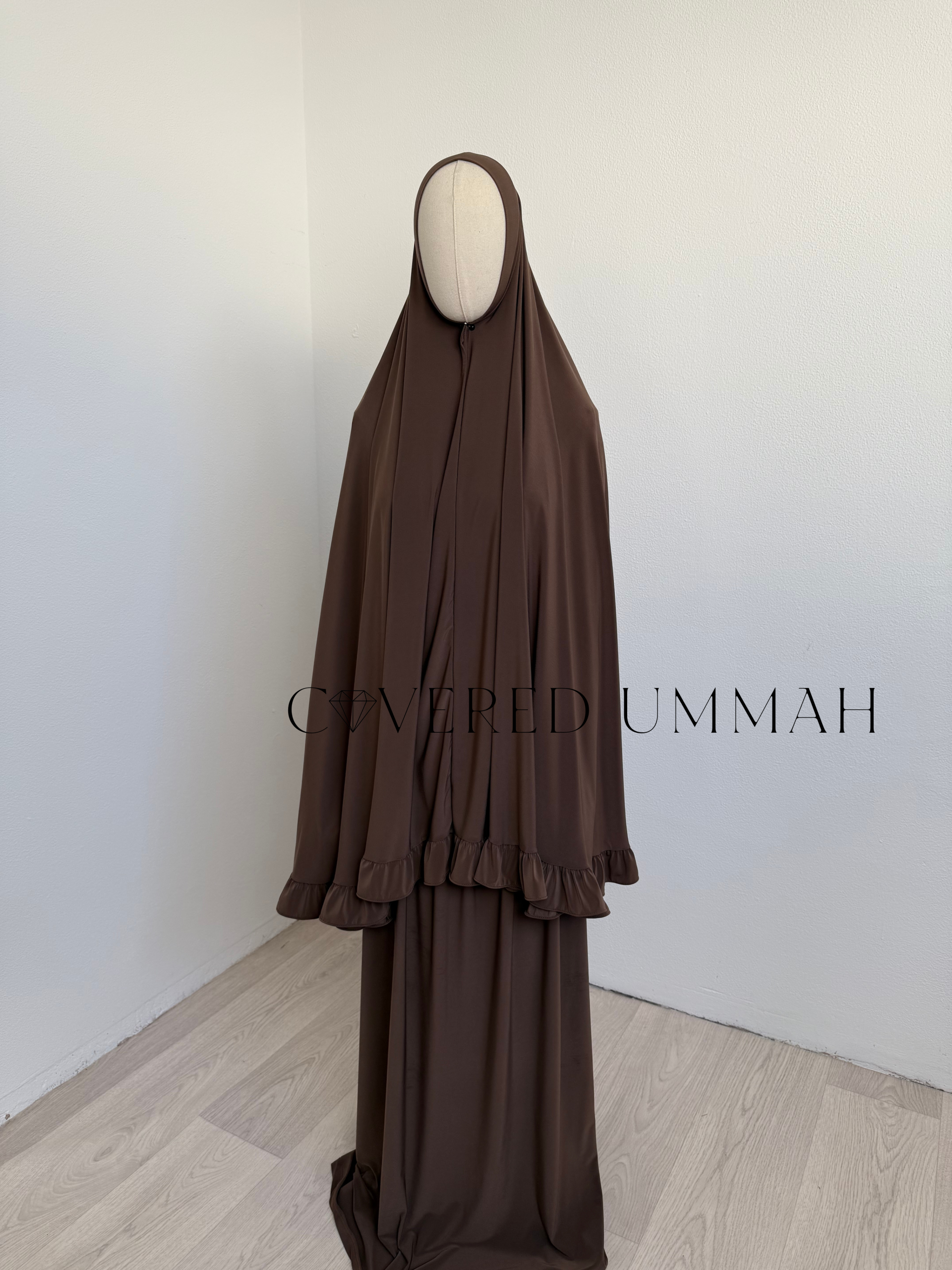 Premium Jersey Ruffle Khimaar & Rok Set ‘Brown’