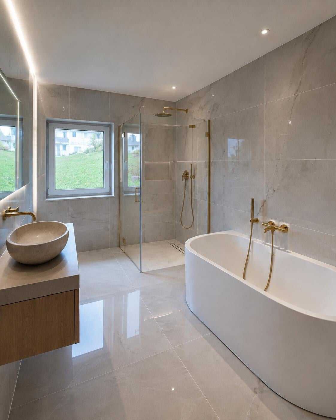 Hochwertige Badezimmerfliesen mit Badewanne in Flawil