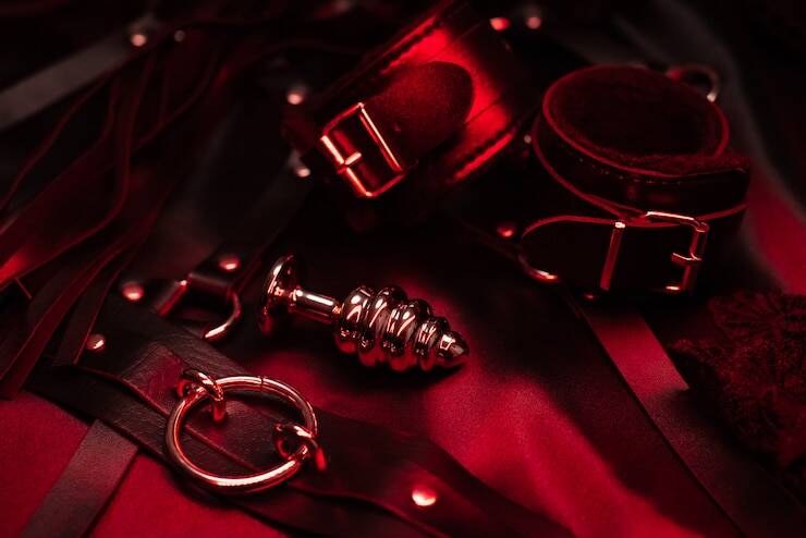 anal plug, leather handcuffs, choker, ropes, bdsm sex toys for couples.