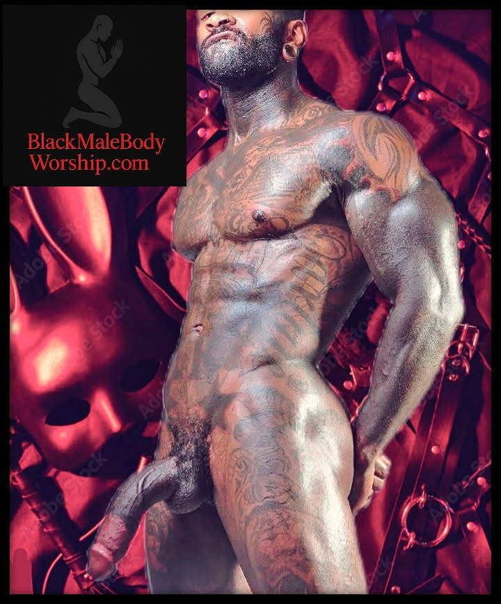"Hot, sexy Black nude dom in BDSM, standing tall and confident in a powerful, risqué pose with his BBC exposed, biting his bottom lip enticingly, radiating raw masculine dominance."