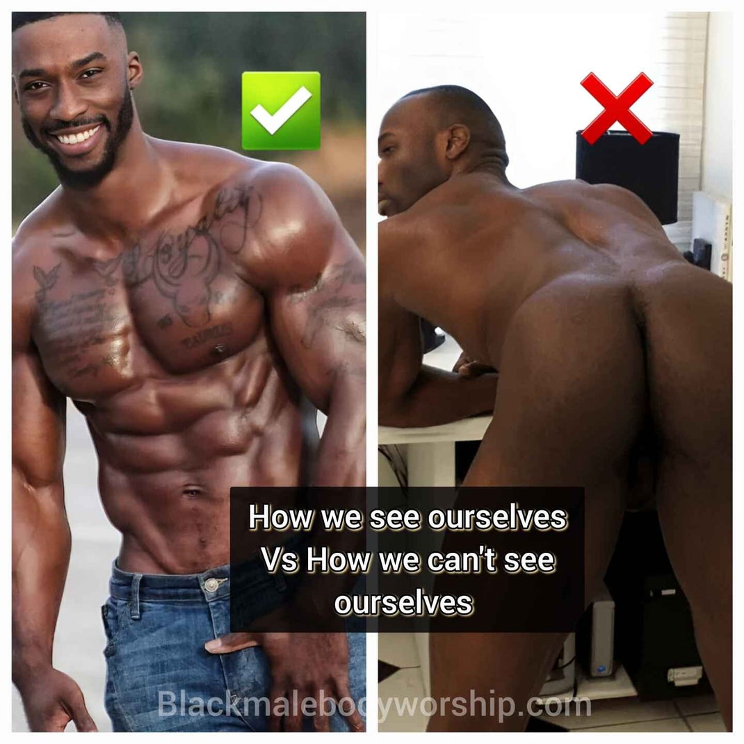 Muscular Black alpha male stands tattooed on the left; nude submissive Black male bent over a table on the right. Erotic collage infographic contrasting hypermasculinity with sexually liberated Black men exploring pegging.