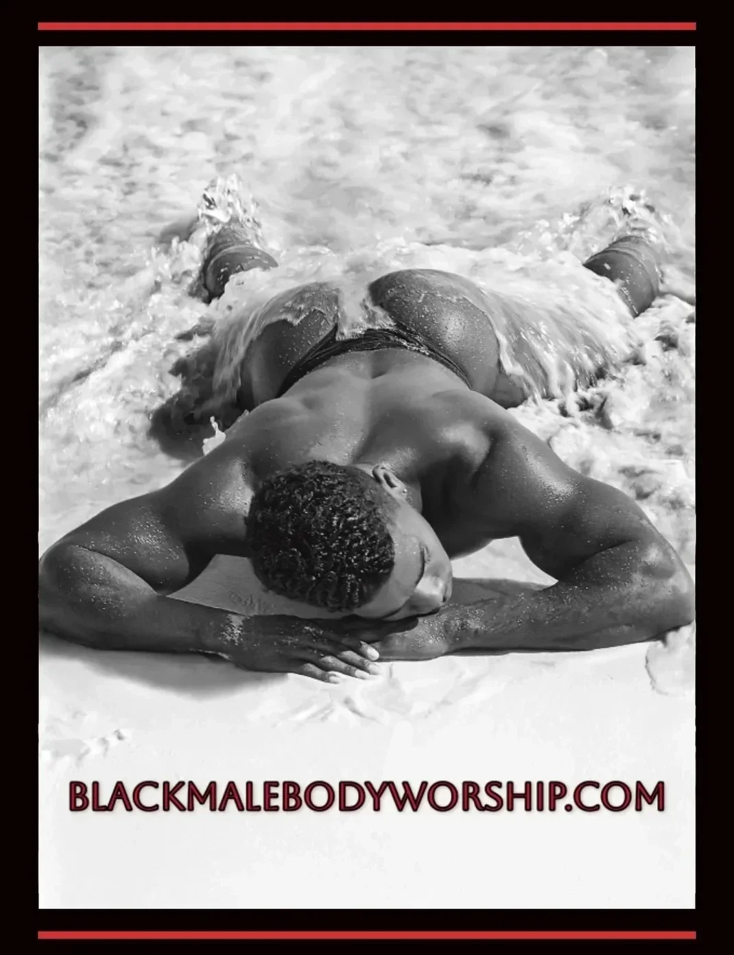 Black and white photo of a muscular man lying on a beach on his stomach nude, partially submerged in the surf. Representing self-esteem and erotic wellness