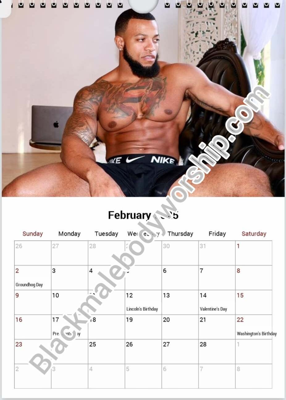 Hot sexy hunk Calendar model Maurice Holmes on cover of February 2025 shirtless, tattooed, chisled masculine chest, looking strong, masculine and enticing.