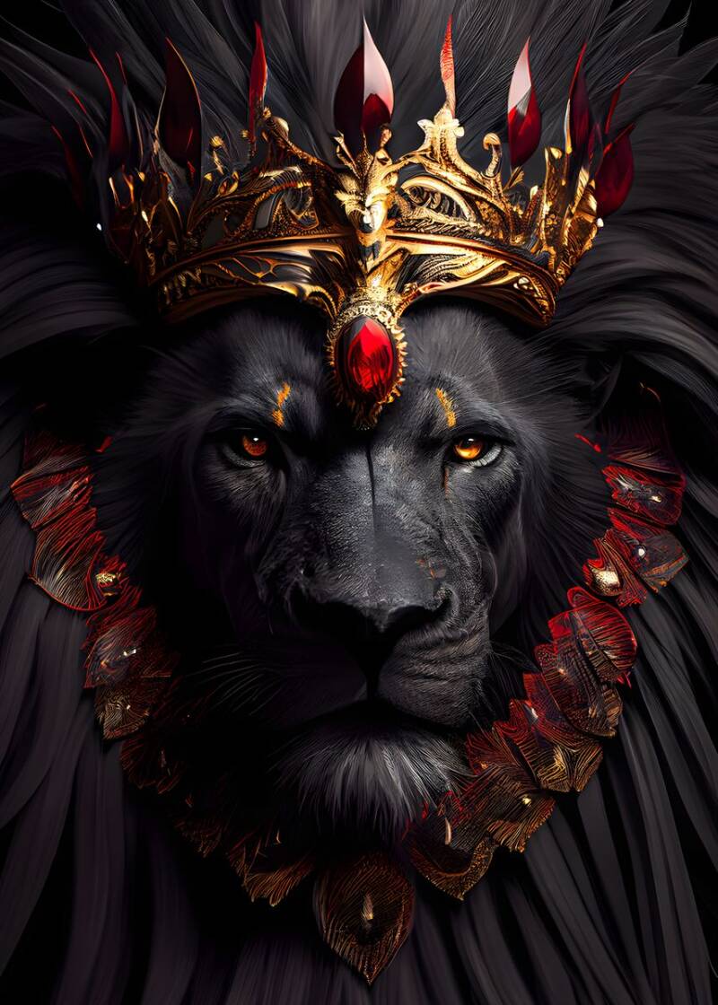 Artistic depiction of a majestic Black lion wearing a golden crown, symbolizing resilience, strength, and power.