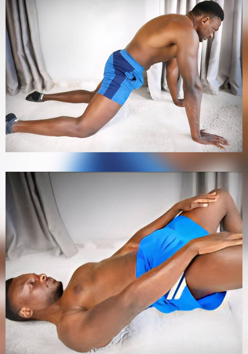 Up close black man showing How kegels enhance sexual performance for men: Sexual Benefits and Health Facts while positioning his body for Kegel exercises.
