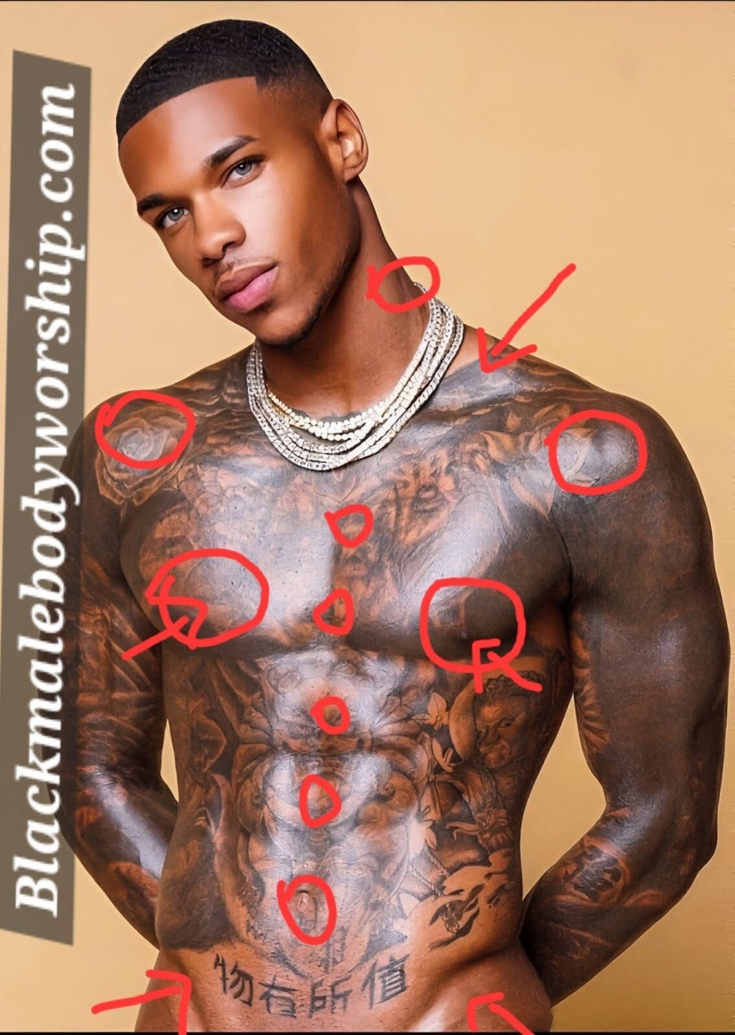 Handsome Black man modeling his tattooed, fit body with pleasure mapping marker drawings—circling his nipples, trailing down his chest, and marking his neck to illustrate erogenous zones..