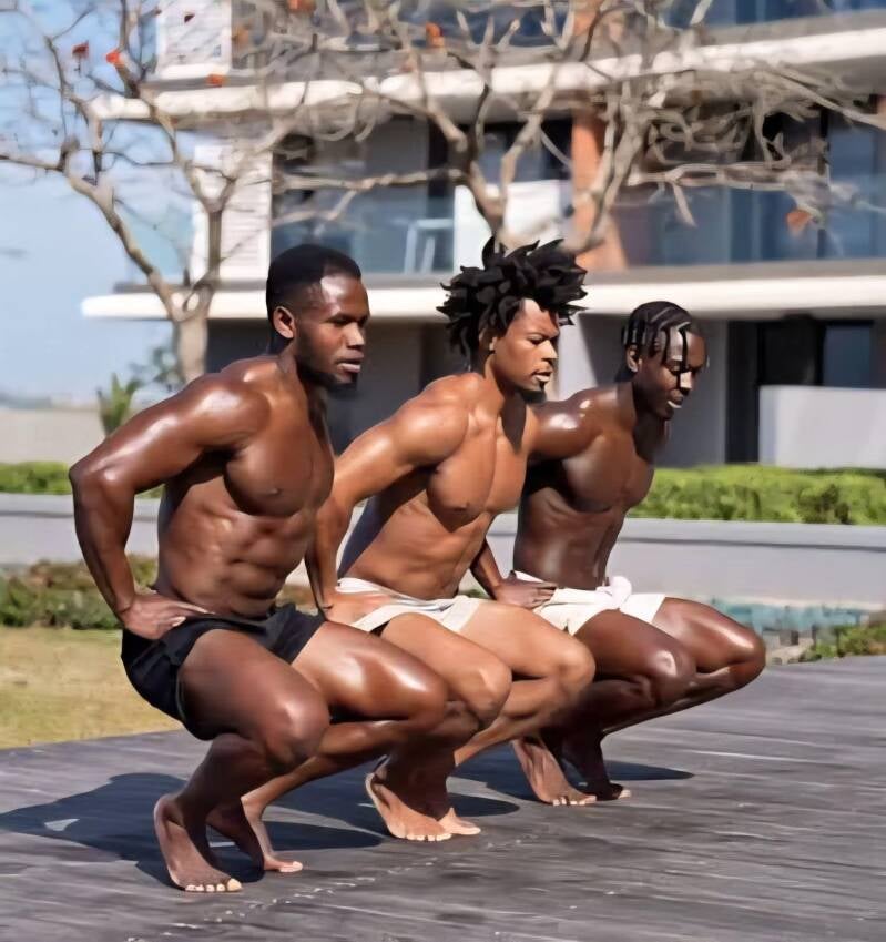 Three masculine black men shirtless demonstrating how to do kegel exercises for men in 2025 for sexual wellness and sexual enhancement in the bedroom without taking pills.
