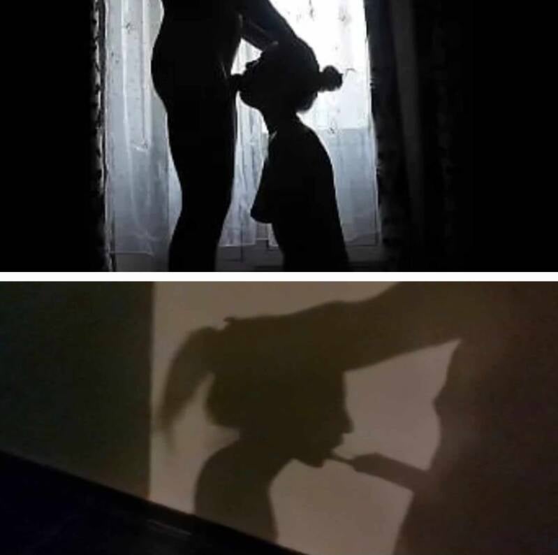 Two silhouette images showing oral sex. The top shows a standing person receiving a blowjob from someone kneeling. The bottom shows a shadow on a wall of a person with a ponytail performing oral sex, holding the penis in their mouth.
