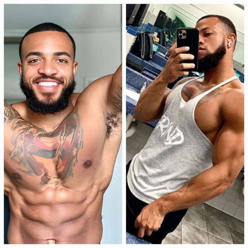 Handsome, bearded man with six-pack abs and tattoos. Split image: smiling shirtless and gym mirror selfie.