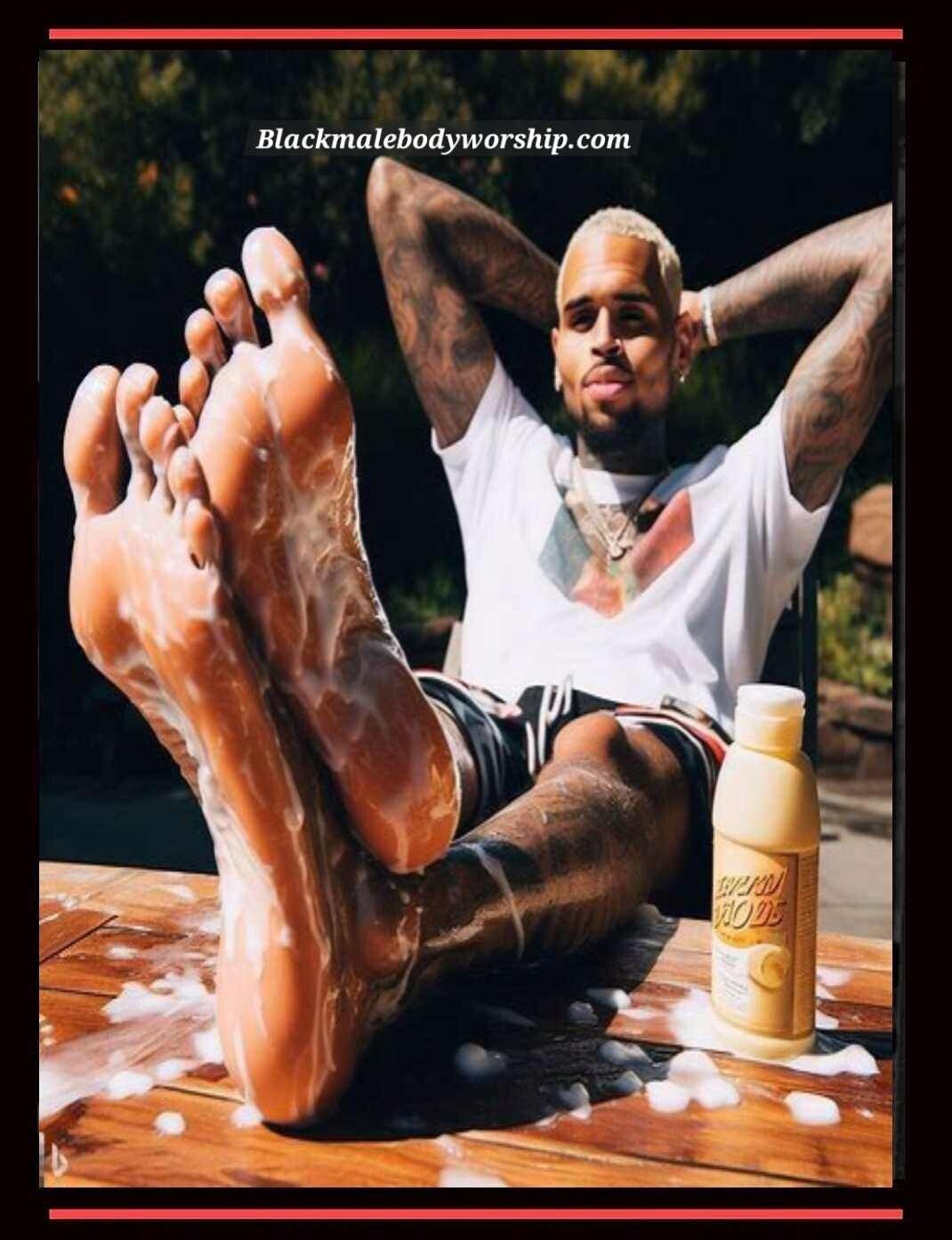 Singer Chris Brown’s relaxed bare feet kicked up on an outdoor table, soaked in lotion and moisture in an attempt at extreme moisturizing, as his footcare routine.