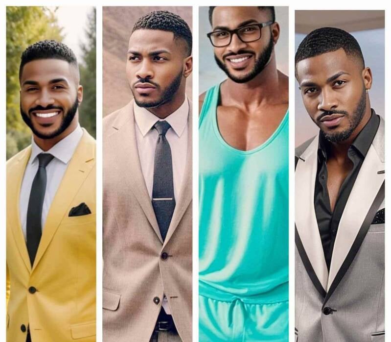 Jae Superior four piece collage of him wearing different suit styles with facial expressions and poses ranging from confident, strong, resilient and happy