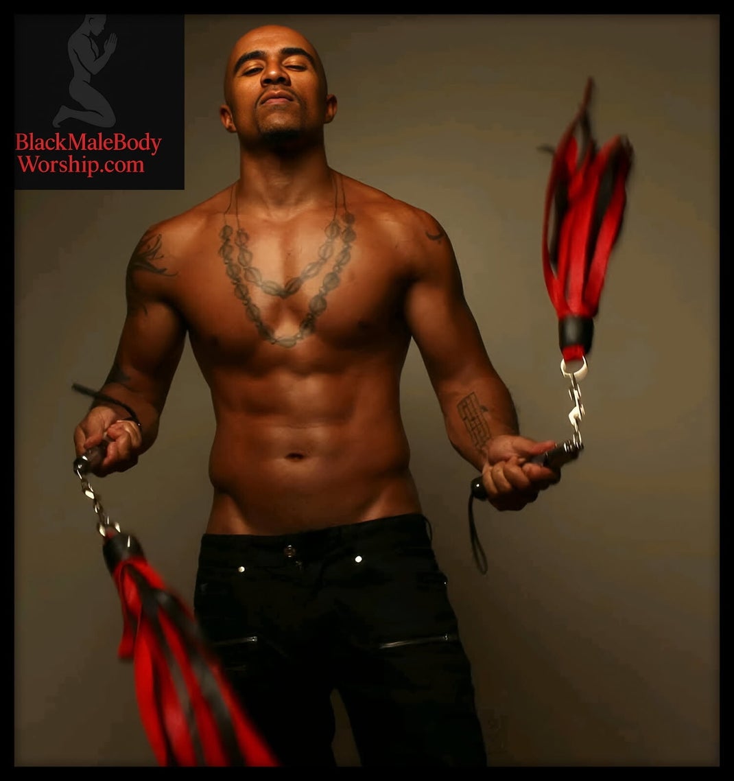 "BDSM trainer and porn star King Noire, shirtless, confidently swinging floggers in a wide arc, exuding masculine power with an intense, alluring expression."