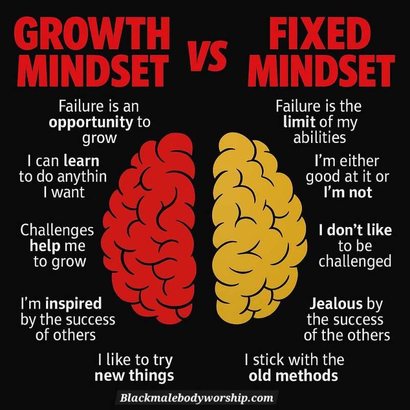 Infographic comparing growth vs fixed mindset with visualized brain and contrasting beliefs listed side by side.