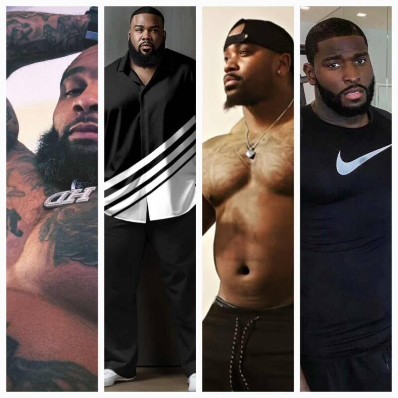Collage of four heavyset Black men in different settings—from relaxing shirtless at home to modeling and working out at the gym. The collage represents confidence and not being held back by weight.