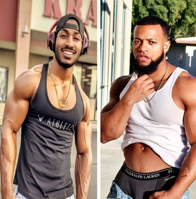 Jae Superior and Maurice Holmes muscular African American men. One wearing a black athletic tank top, the other a white tank top. Co-owners of BlackMaleBodyWorship.com, and expert advisors and erotic wellness, and life coaching.