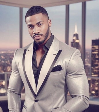 Jae Superior standing tall in a sleek luxury business suit , exuding confidence, sexual power, and leadership as a Black male wellness coach.