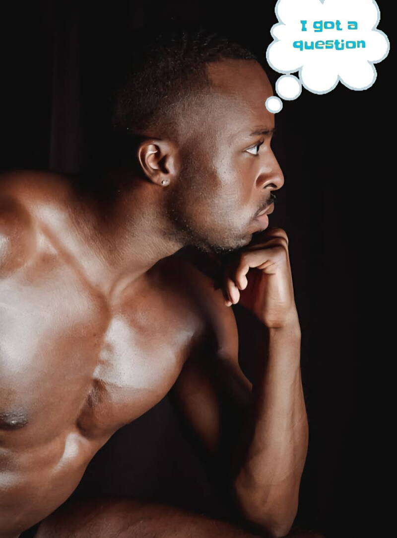 frequently asked questions black man from side angle looking to be in thought about his Kegel workout, with thought bubble above his head that reads–i have a question