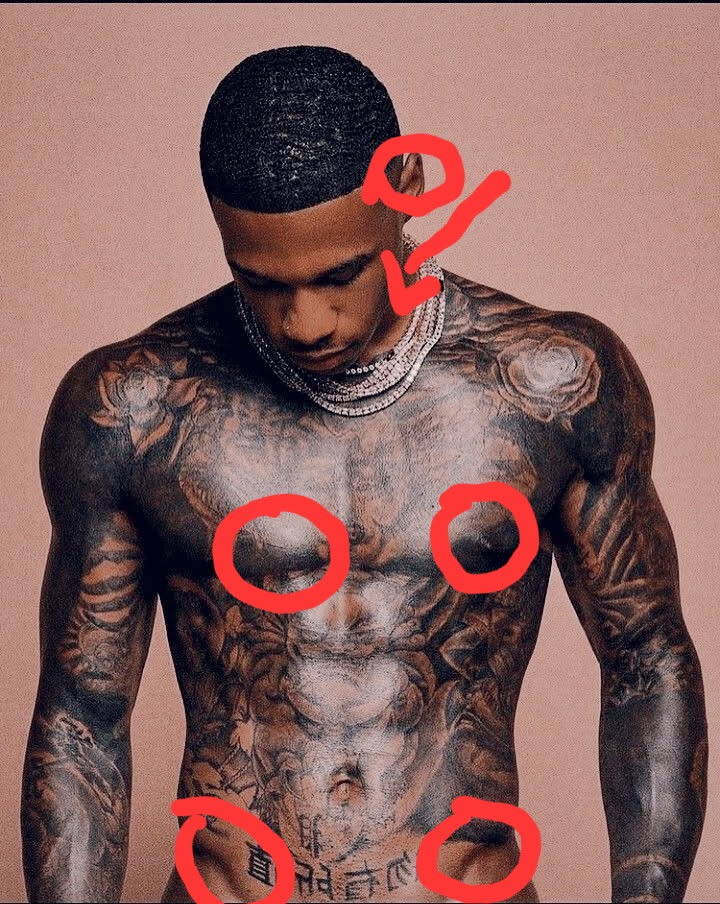 Erogenous zones marked with a red marker on a fit Black male model’s body, illustrating pleasure mapping and how to identify turn-on spots for sexual stimulation.