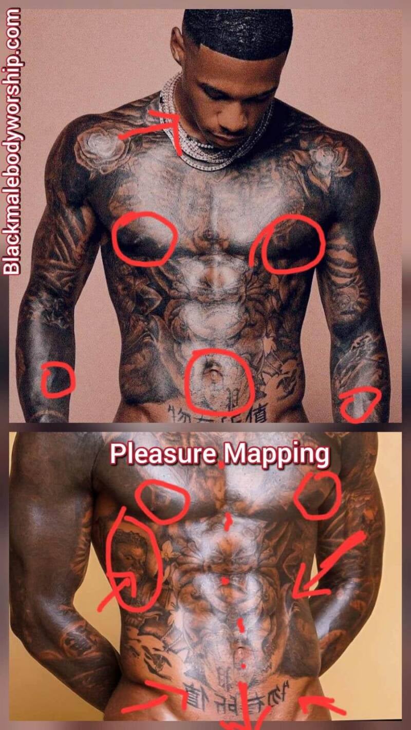 Fit Black male model with a muscular, tattooed torso showing pleasure mapping markings in red. Red circles and arrows highlight erogenous zones on his nipples, chest, abs, arms, and groin, illustrating how to identify turn-on spots for sexual pleasure.