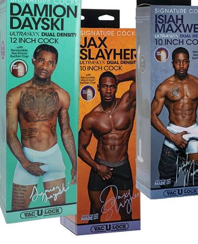 Molded realistic sex toy boxes of Black Male Pornstars Damian Dayski, Jax Slayher, and Isaiah Maxwell 