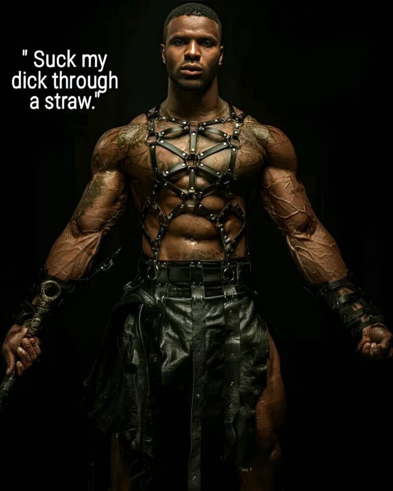 Black muscular Dom exuding dark fantasy warrior with tattoos, wearing leather armor and holding weapon, dramatic lighting.