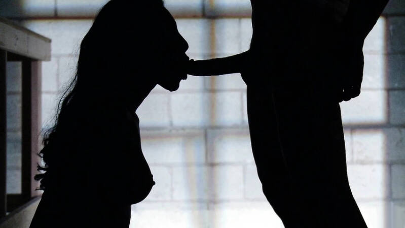 Silhouette of oral sex between a woman and a man.