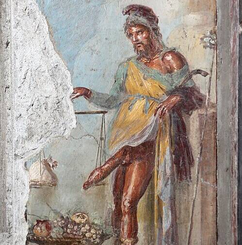 Ancient fresco of Priapus, the Greek fertility god, engaging in symbolic cock worship by weighing his oversized phallus on a scale in the House of the Vettii, Pompeii—representing divine masculine power, virility, and erotic devotion.