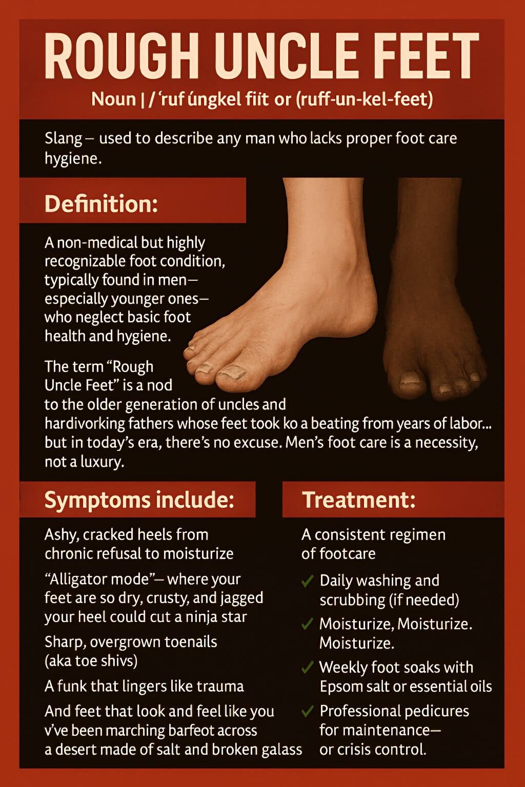 Rough Uncle Feet infographic showing symptoms of poor foot hygiene in men and treatments like moisturizing and pedicures.