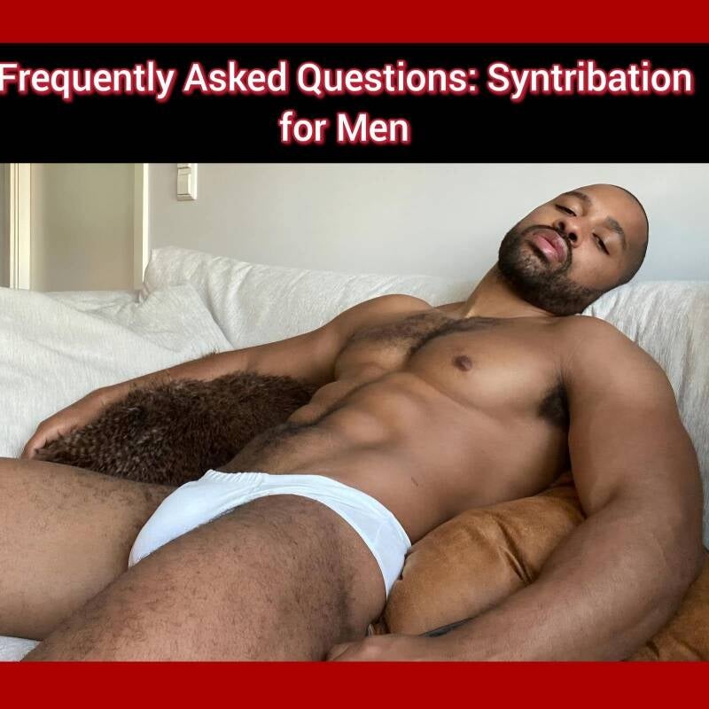 FAQ image on syntribation for men: muscular Black man in white underwear reclining on a bed, representing male syntribation, erotic pleasure, and sexual confidence.
