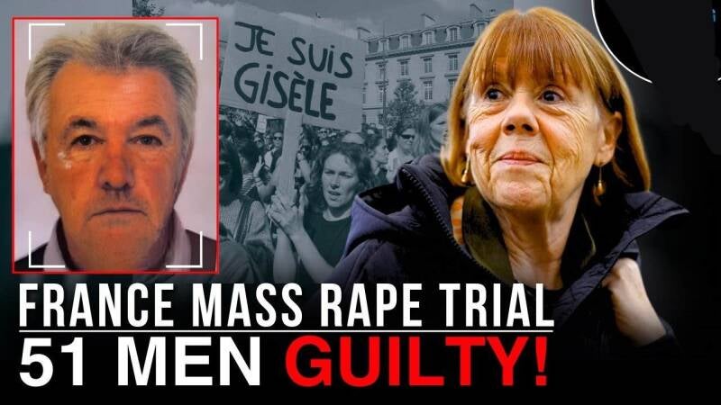Collage showing husband and wife, the crowd with “Je suis Gisèle” signs, and courtroom text—highlighting the husband’s rape of his own wife and the landmark Pelicot mass rape trial. showcasing men's aggressive impulses 