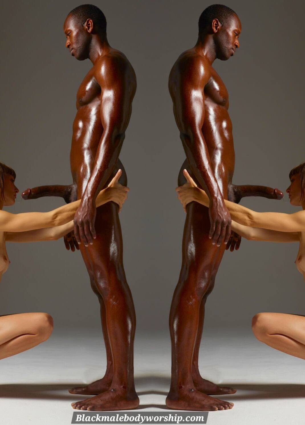 "Black Dom standing tall as submissive woman kneels in cock worship, power dynamic on full display."