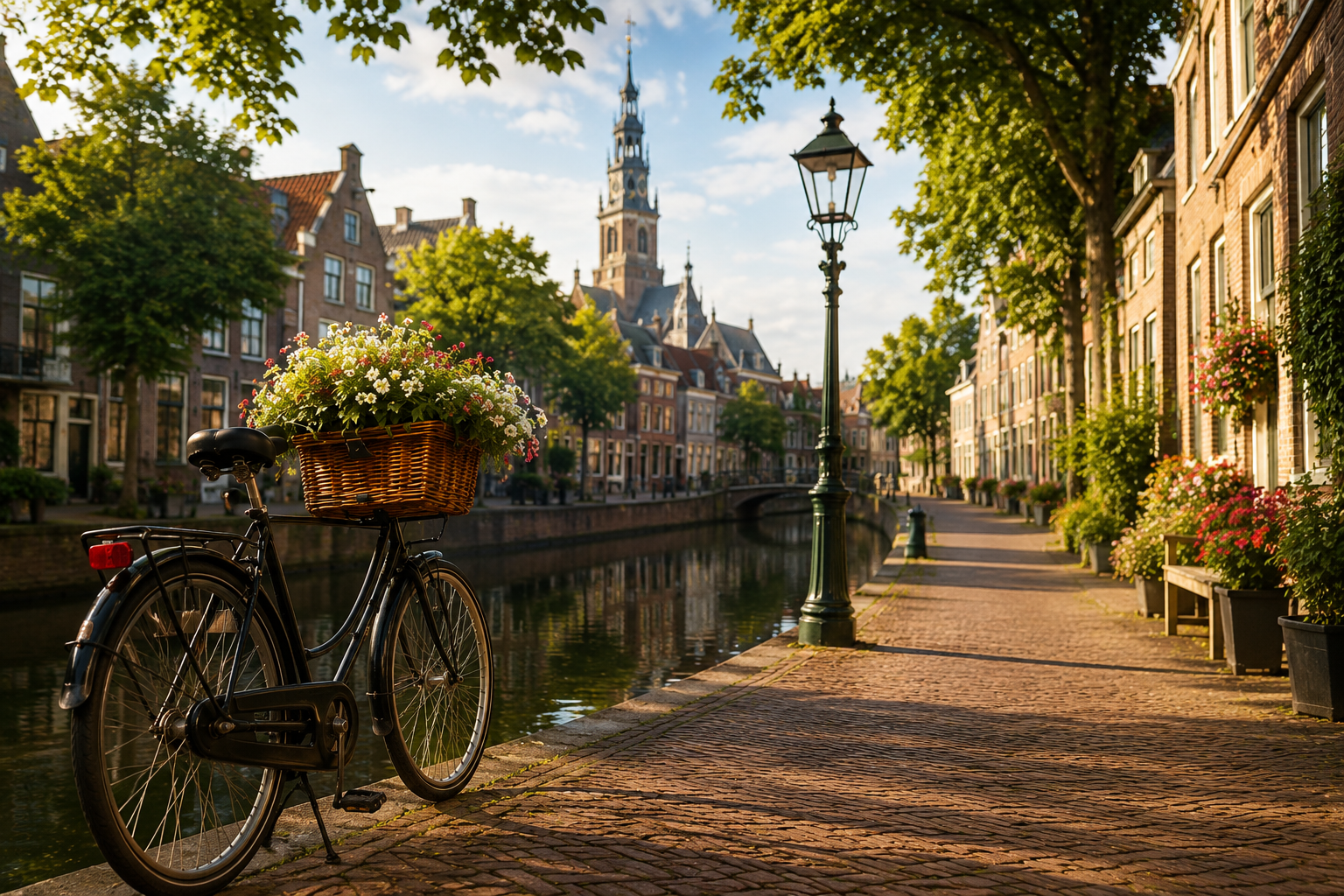 Een oude fiets met bloemen langs een rustige gracht op een zonnige zomerdag. Een uitnodiging om te vertragen en onverwachte ontmoetingen ruimte te geven.