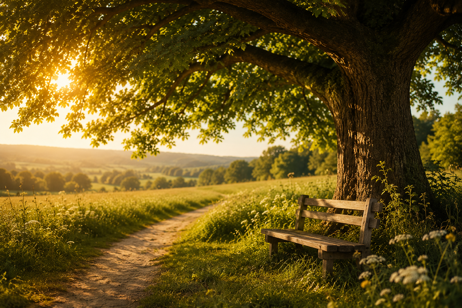 Een grote oude boom met een houten bankje in de schaduw langs een wandelpad tijdens een warme zomerdag.
