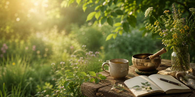 Kop thee, klankschaal en notitieboek in een rustige tuin. Sfeervolle afbeelding van Balansmomenten, de gratis nieuwsbrief van Praktijk de Balans in Alkmaar.