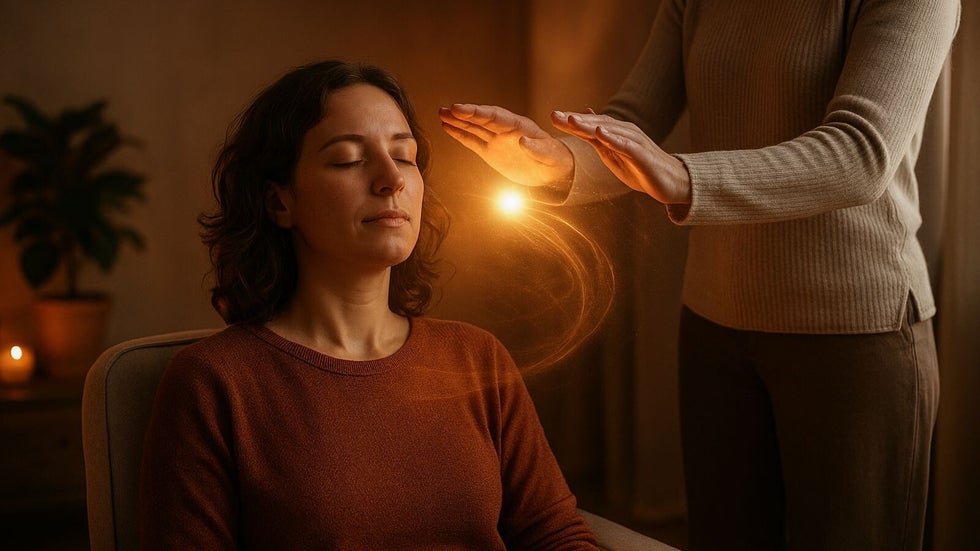 Vrouw ontvangt energetische therapie in een rustgevende, warme ruimte met zachte verlichting en aardetinten.
