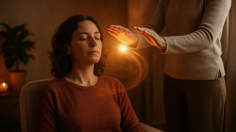 Vrouw ontvangt energetische therapie in een rustgevende, warme ruimte met zachte verlichting en aardetinten.