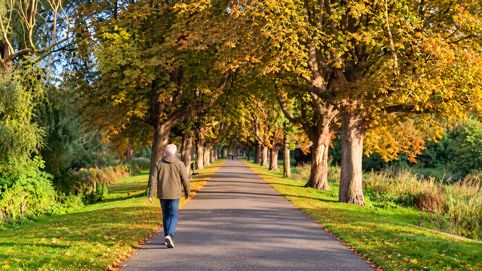 Wandelaar in een rustige bomenlaan met goudkleurig herfstblad – een moment van vertragen en aarden in de herfst.