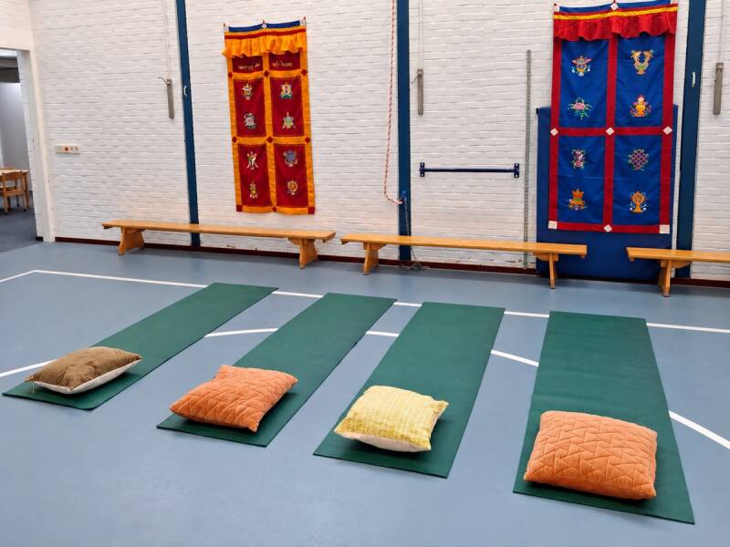 Groene yogamatten met kussens in de lesruimte van Praktijk de Balans.