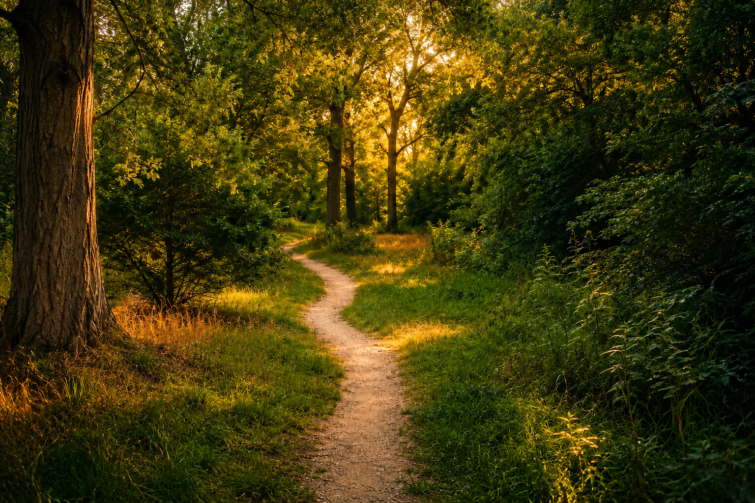 Slingerend wandelpad tussen oude bomen in Het Hout in Alkmaar tijdens een warme zomeravond.