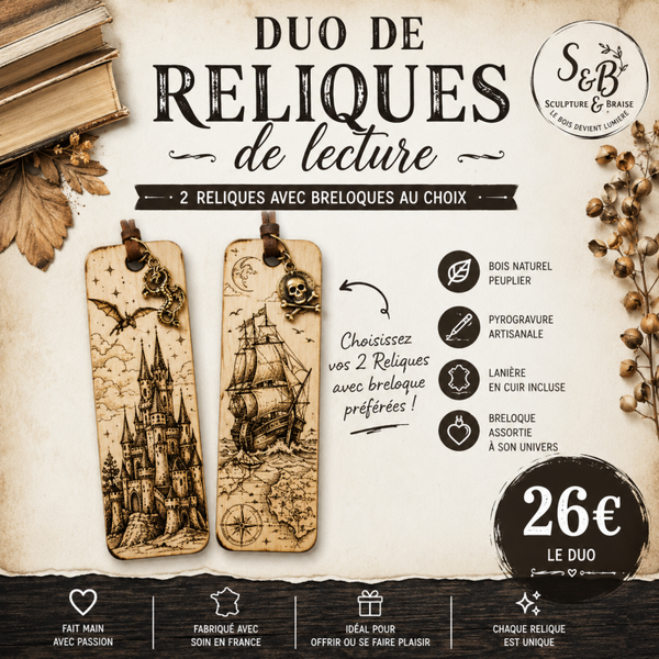 Duo de marque-pages pyrogravés en bois avec breloques – Reliques de lecture
