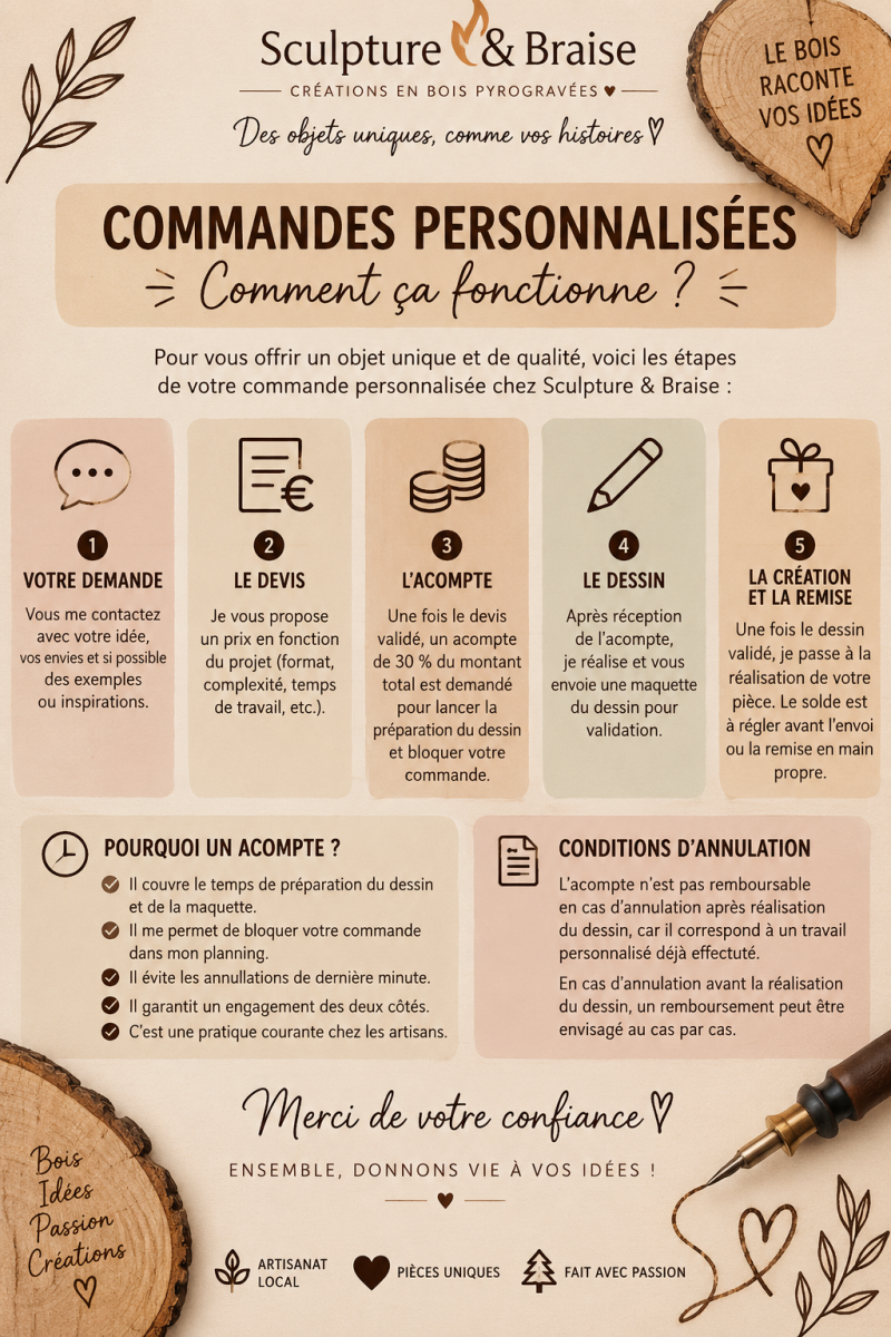Commande personnalisée Sculpture & Braise : création en bois pyrogravée sur mesure, devis, acompte de 30 %, dessin et réalisation artisanale en Gironde